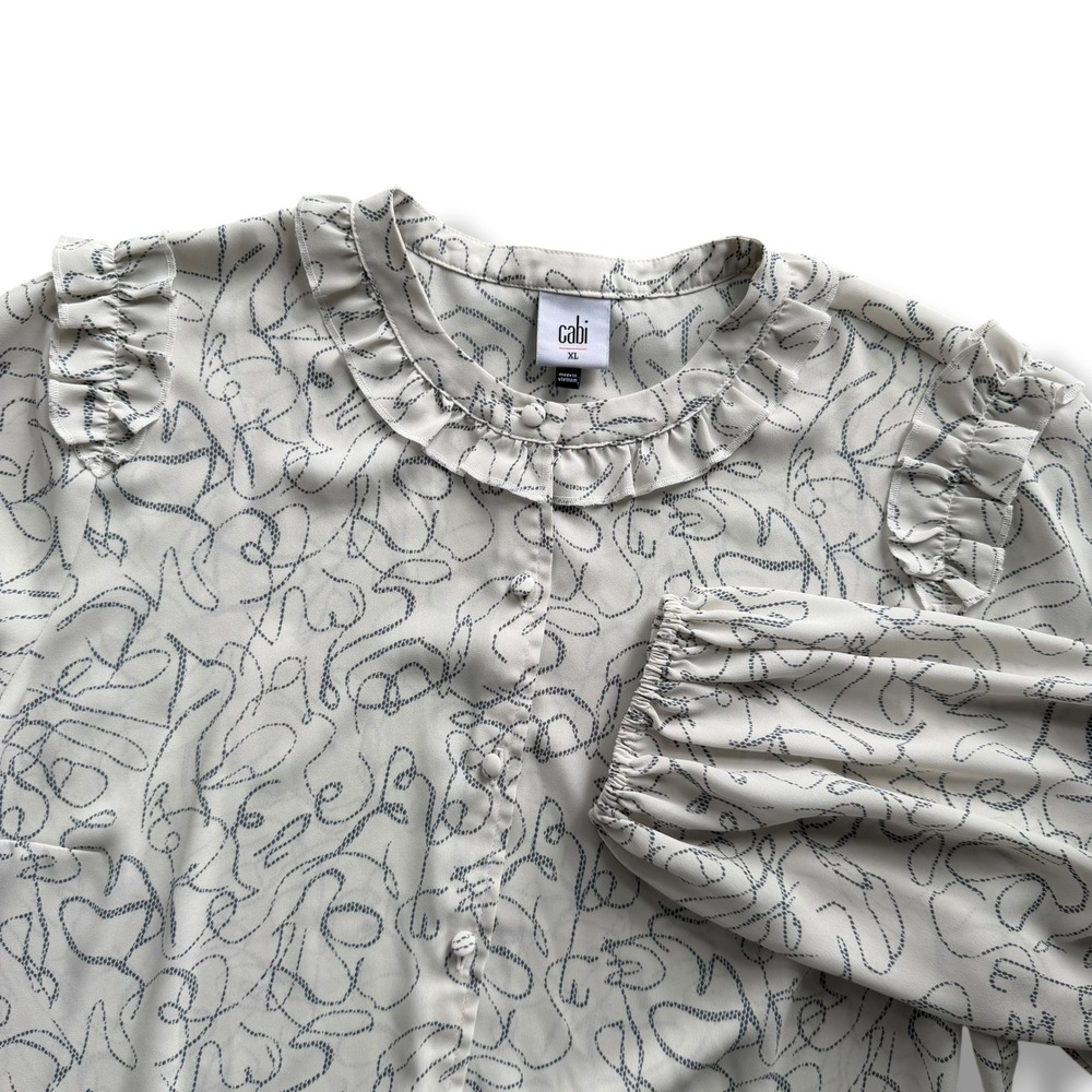 Cabi Women XL Cream Blue Print Ruffle Collar Button Down Ribbon Trim Blouse 4232
